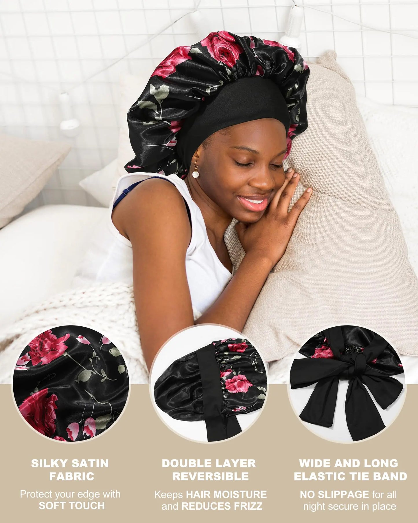 Satin Bonnet for Women Silk Bonnets for Sleeping Curly Hair Bonnet with Tie Band Double Layer Sleep Cap Hair Wrap 7-7 3/8 Black + Red Flower by Anti Spier