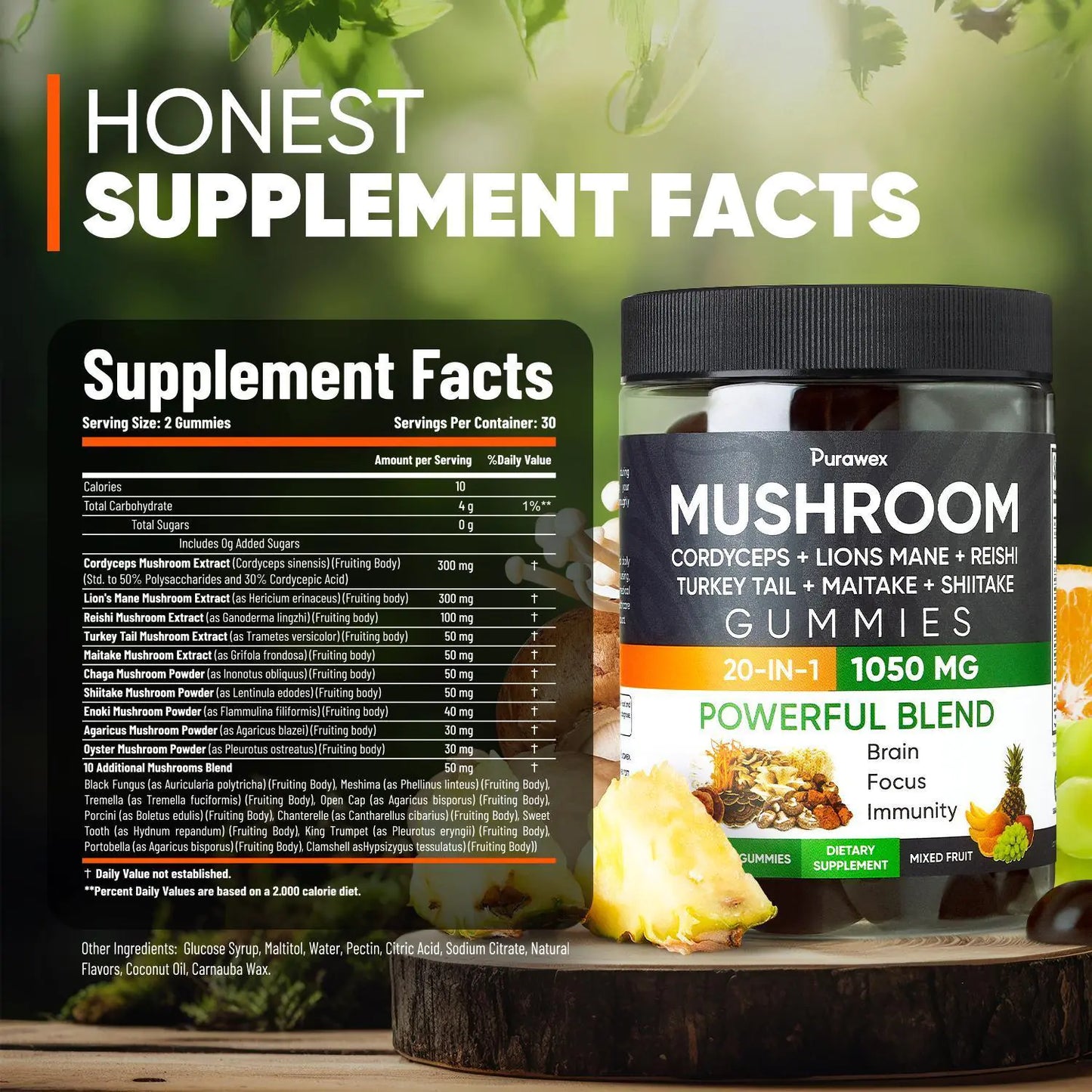 Purawex Mushroom Gummies, 20 in 1 Mushroom Complex 1050 MG, Cordyceps, Reishi, by Anti Spier