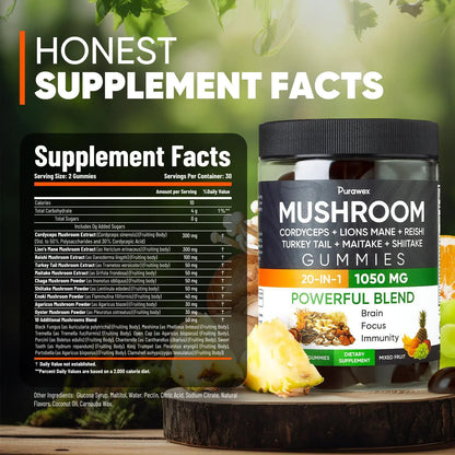Purawex Mushroom Gummies, 20 in 1 Mushroom Complex 1050 MG, Cordyceps, Reishi, by Anti Spier