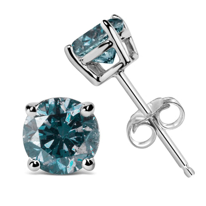 14K Gold Round Brilliant Cut Lab Grown Blue Diamond 4-Prong Classic Solitaire Stud Earrings with Pushbacks by Anti Spier