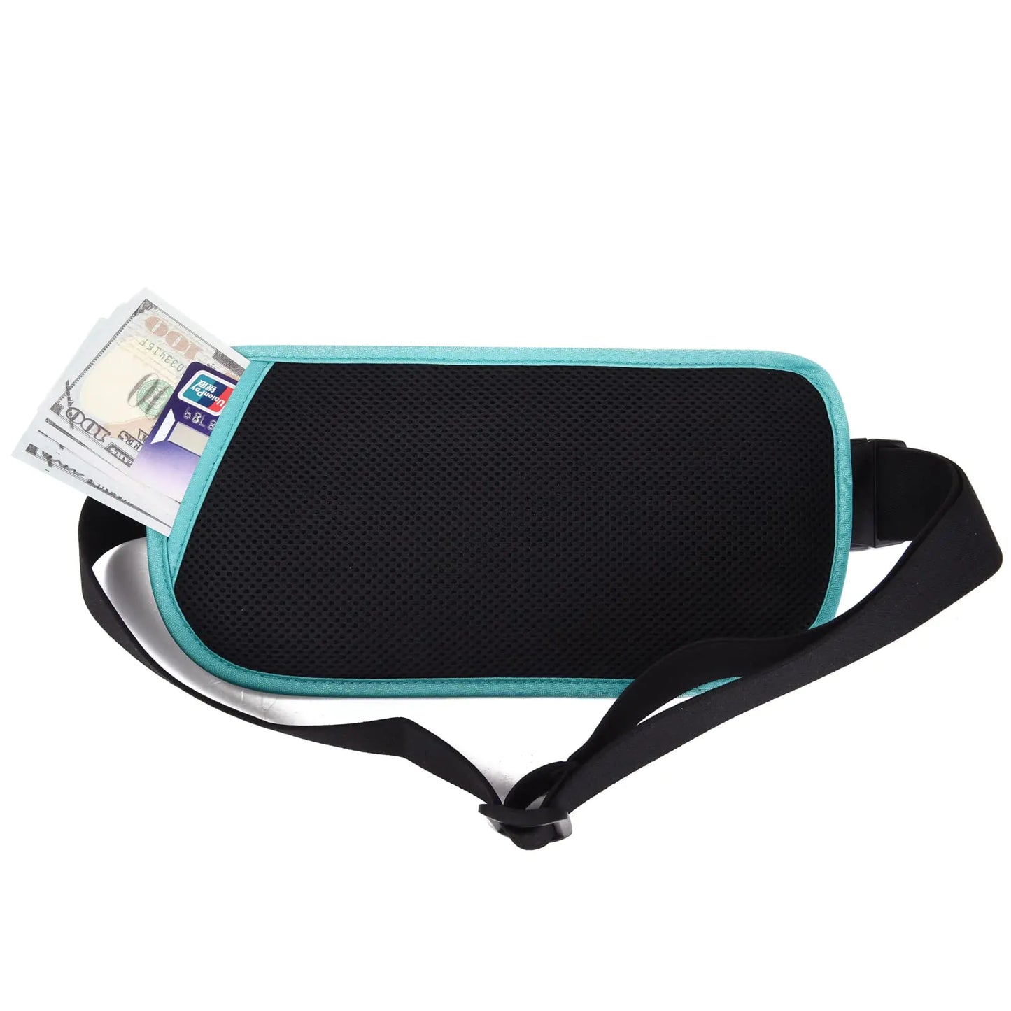 RFID Blocking Money Belt for Men Women, Slim Fanny Pack for Travel，Running,Conceal Waist Wallet for Passport Holder,Phone,Cash(Black Mint Green) Black Mint Green Rfid Blocking & Belt Wide:1.45Inch by Anti Spier