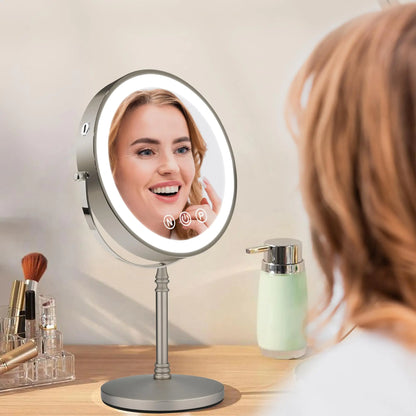 9" Large Makeup Mirror with Lights, 1X/10X Magnifying Vanity Mirror with 3 Colors Dimmable Lightning, 80 LED Lights, 360°Rotation Double Sided Standing Lighted Makeup Mirror Nickel Matte Nickel by Anti Spier