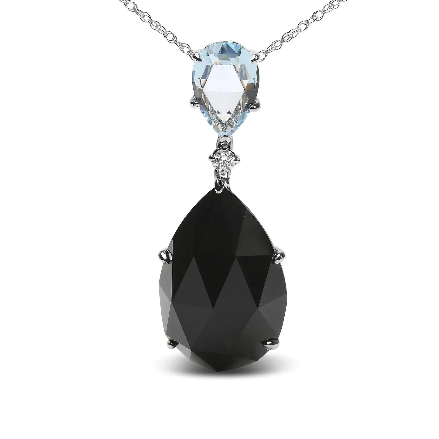 18K White Gold Diamond Accent and Pear Cut Sky Blue Topaz and Pear Cut Black Onyx Dangle Drop 18" Pendant Necklace (G-H Color, SI1-SI2 Clarity) by Anti Spier