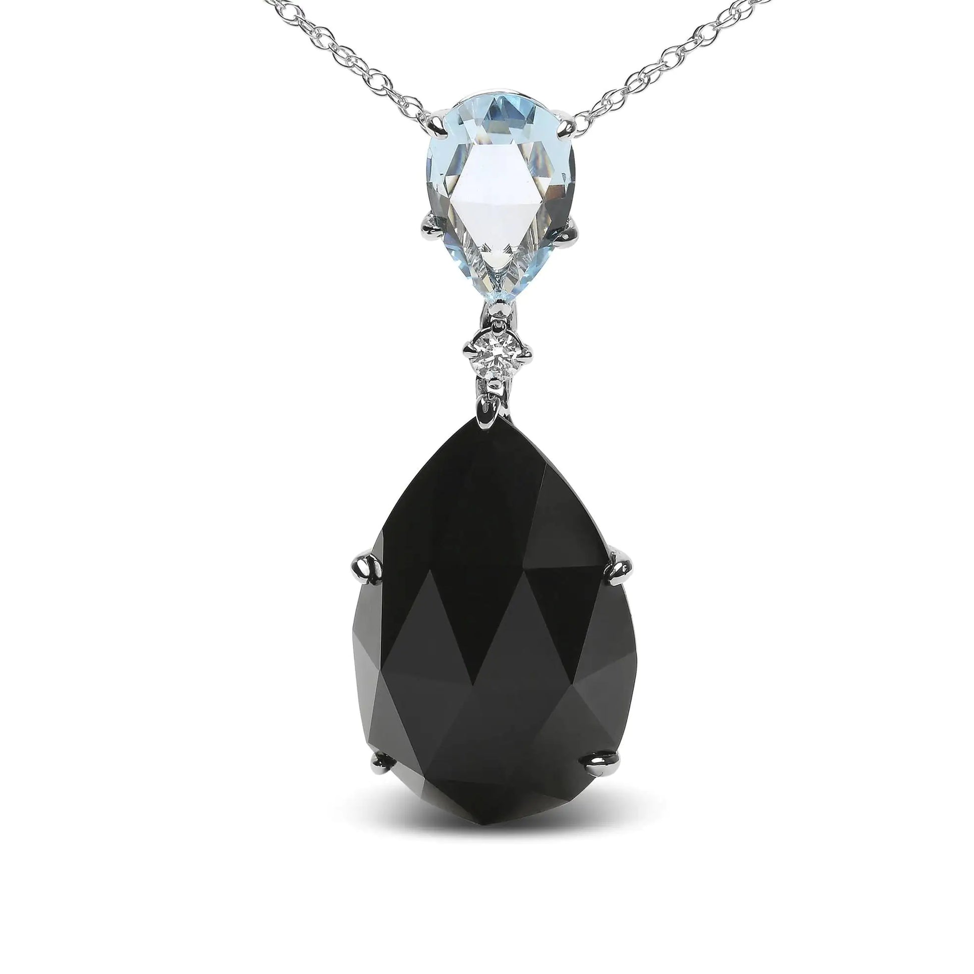 18K White Gold Diamond Accent and Pear Cut Sky Blue Topaz and Pear Cut Black Onyx Dangle Drop 18" Pendant Necklace (G-H Color, SI1-SI2 Clarity) by Anti Spier