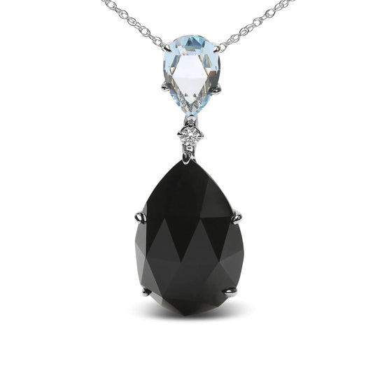 18K White Gold Diamond Accent and Pear Cut Sky Blue Topaz and Pear Cut Black Onyx Dangle Drop 18" Pendant Necklace (G-H Color, SI1-SI2 Clarity) by Anti Spier