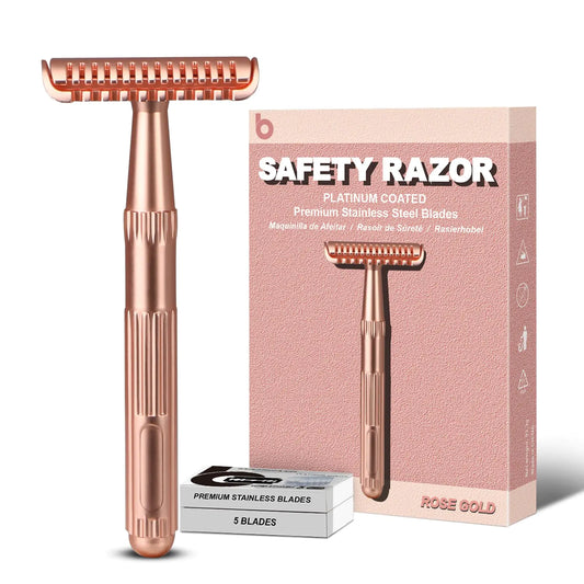 Rose Gold Safety Razor for Women and Men, Single Blade Razors for Men, Metal Razors for Women, with 10 Double Edge Safety Razor Blades, Open Comb Razor Head for Long Thick Body Hair, Zero Waste Open Comb Rose Gold Razor by Anti Spier