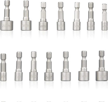14 PCS Power Nut Driver Bit Set Quick Change MM & SAE Impact 1/4" Hex Shank USA by Anti Spier