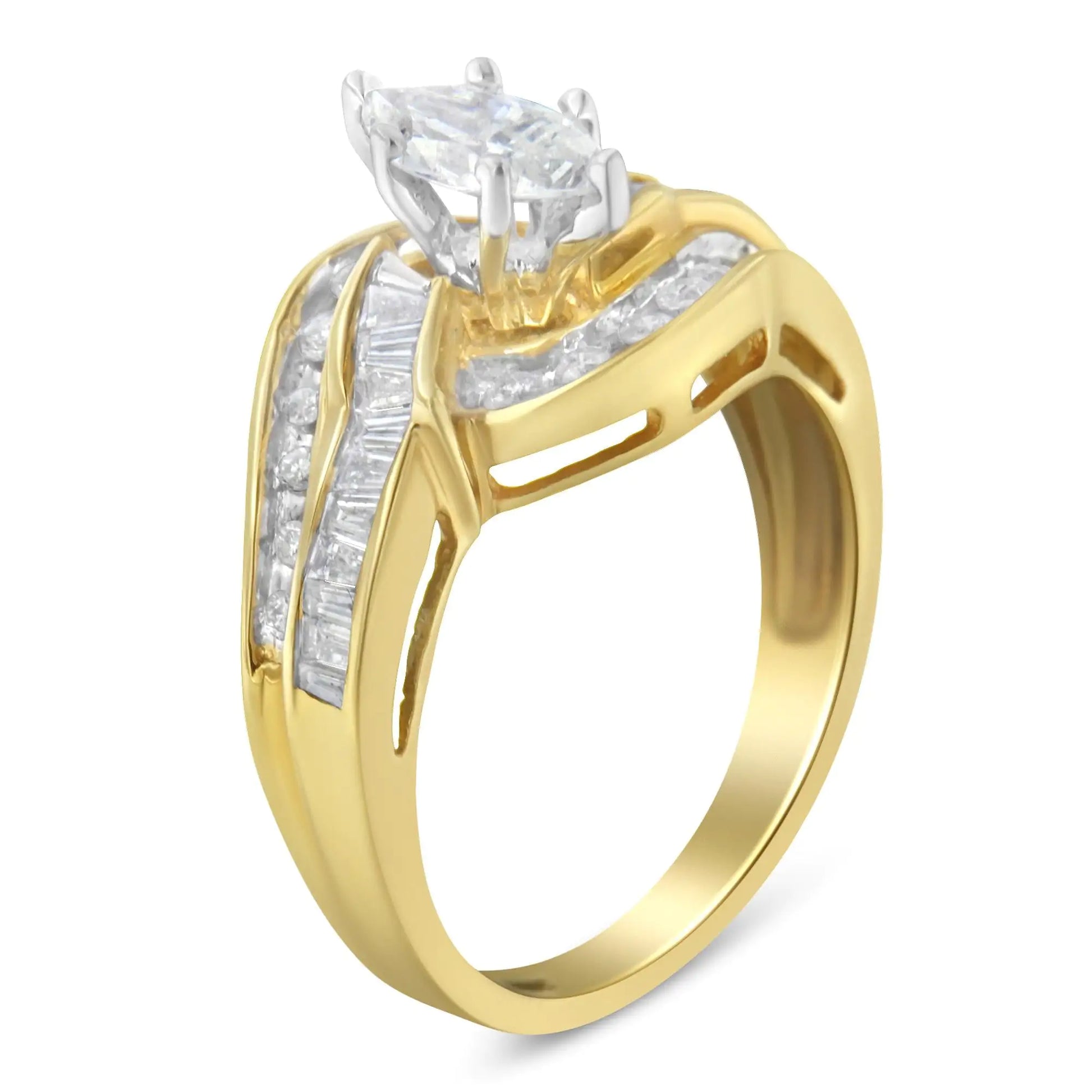14KT Two-Toned Gold Marquise, Baguette and Round Cut Diamond Bypass Ring (1 cttw, H-I Color, SI1-SI2 Clarity) () by Anti Spier