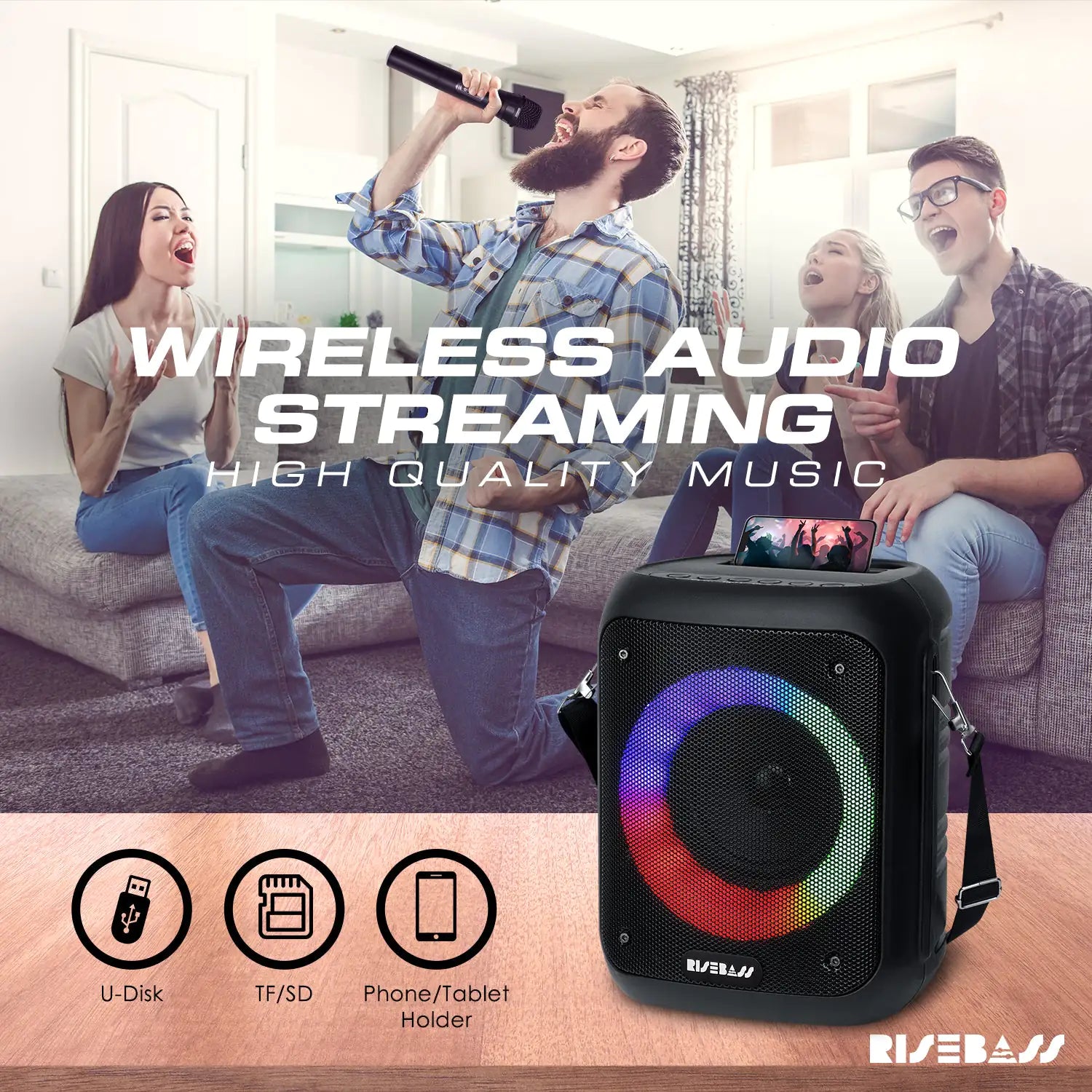 Risebass Portable Karaoke Machine with 2 Wireless Microphones - Bluetooth Rechargeable Speaker with USB/SD/TF Card Support, AUX-in, Tripod Screw Mount and Phone Slot. by Anti Spier
