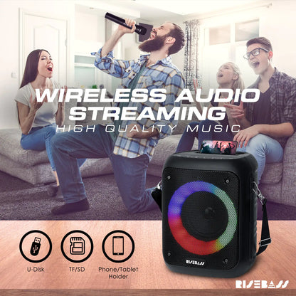 Risebass Portable Karaoke Machine with 2 Wireless Microphones - Bluetooth Rechargeable Speaker with USB/SD/TF Card Support, AUX-in, Tripod Screw Mount and Phone Slot. by Anti Spier