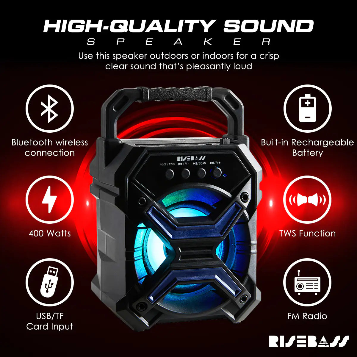 Portable Wireless Bluetooth Speaker with TWS Function - Rechargeable Bluetooth Speaker - LES flashing Lights by Anti Spier
