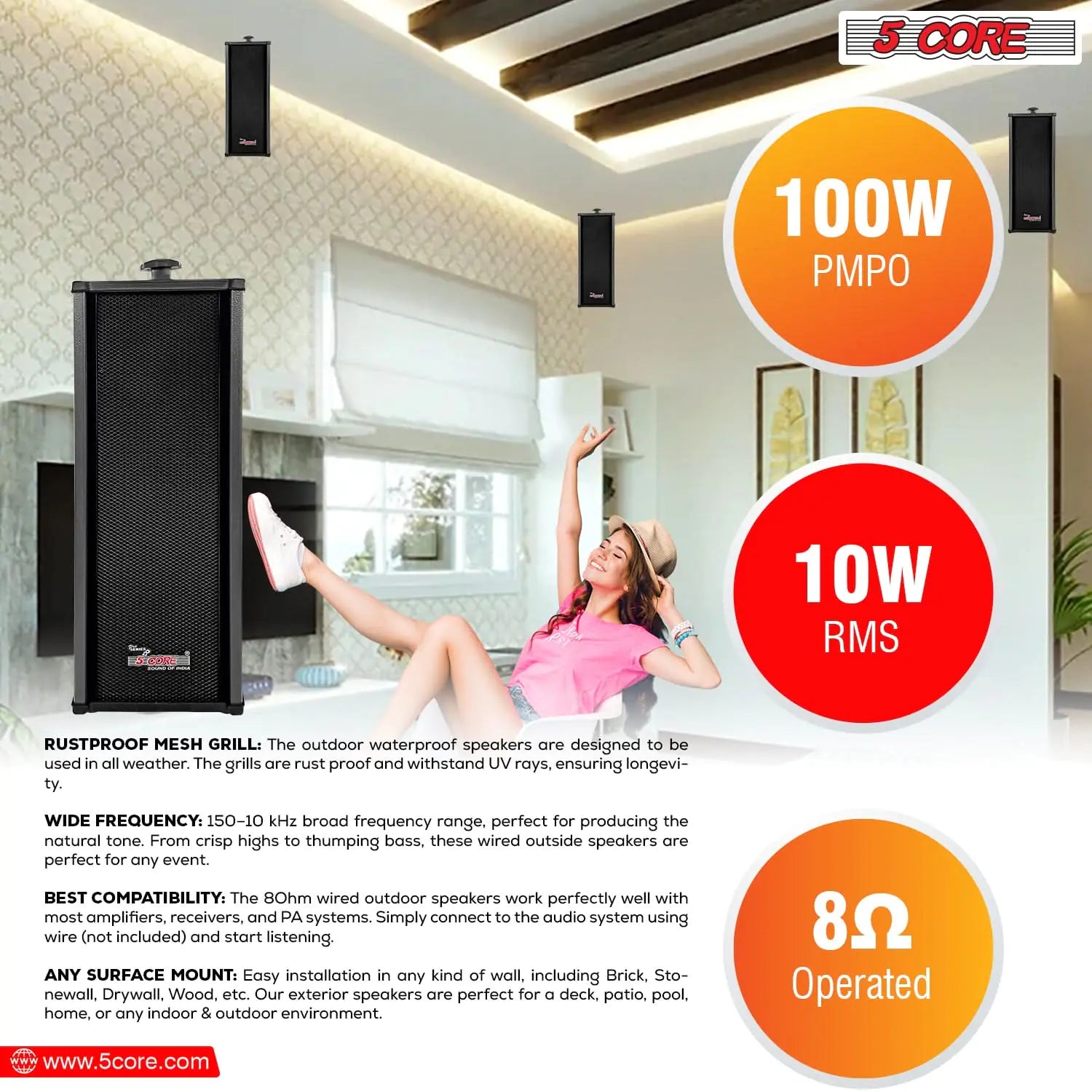 5Core Outdoor Speakers Stereo In Wall 100W Peak Passive Home Audio System by Anti Spier