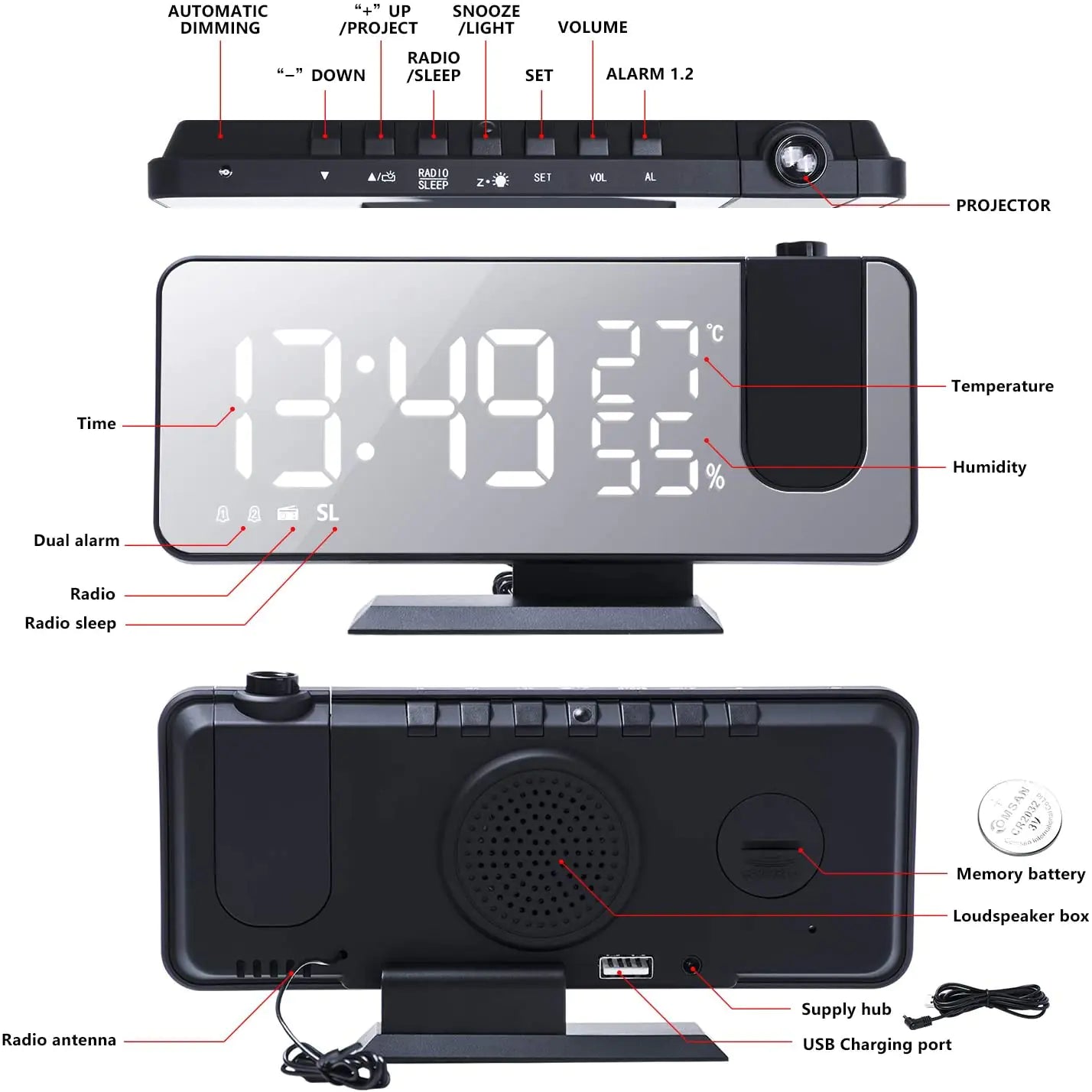 LED Projection Digital Alarm Clock Phone Charger by Anti Spier
