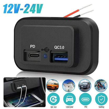 12-24V 4.8A Dual USB PD QC3.0 Car Boat RV Fast Charger Socket LED Power Outlet by Anti Spier