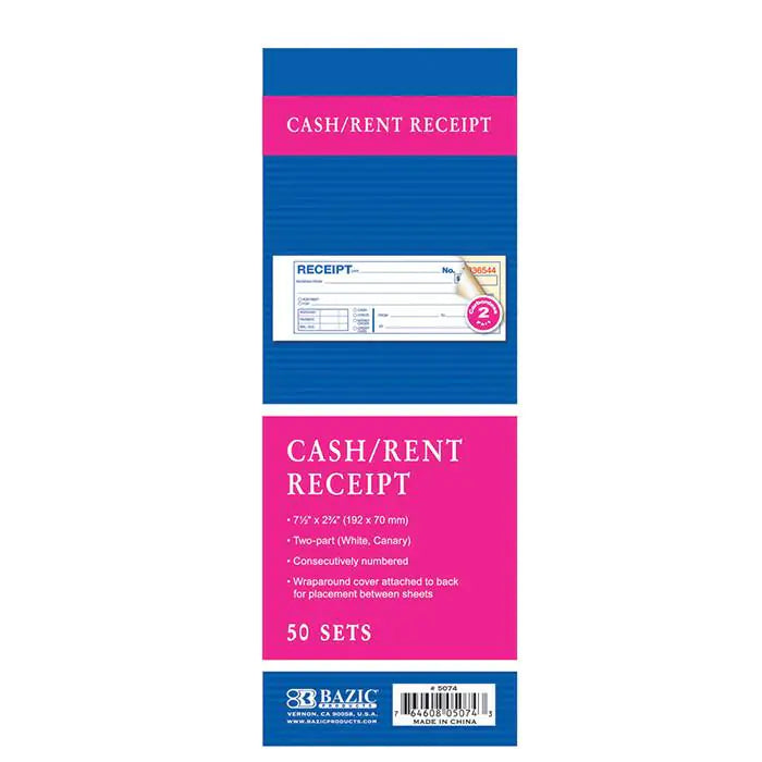50 Sets 7 1/2" x 2 3/4" 2-Part Carbonless Cash or Rent Receipt Book by Anti Spier