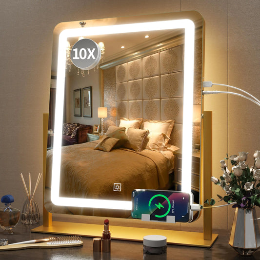 Vanity Mirror with Lights 22 Inch- LED Lighted Makeup Mirror, Large Makeup Mirror with Lights,Touch Screen with 3-Color Lighting,Led Mirror Makeup,Dimmable(Gold) Gold 19"x22" by Anti Spier