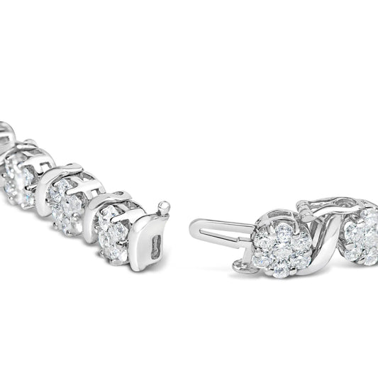 14K White Gold 7 3/8 Cttw Round Brilliant Diamond Floral Cluster and S Link Bracelet (H-I Color, SI2-I1 Clarity) - 7" Inches by Anti Spier