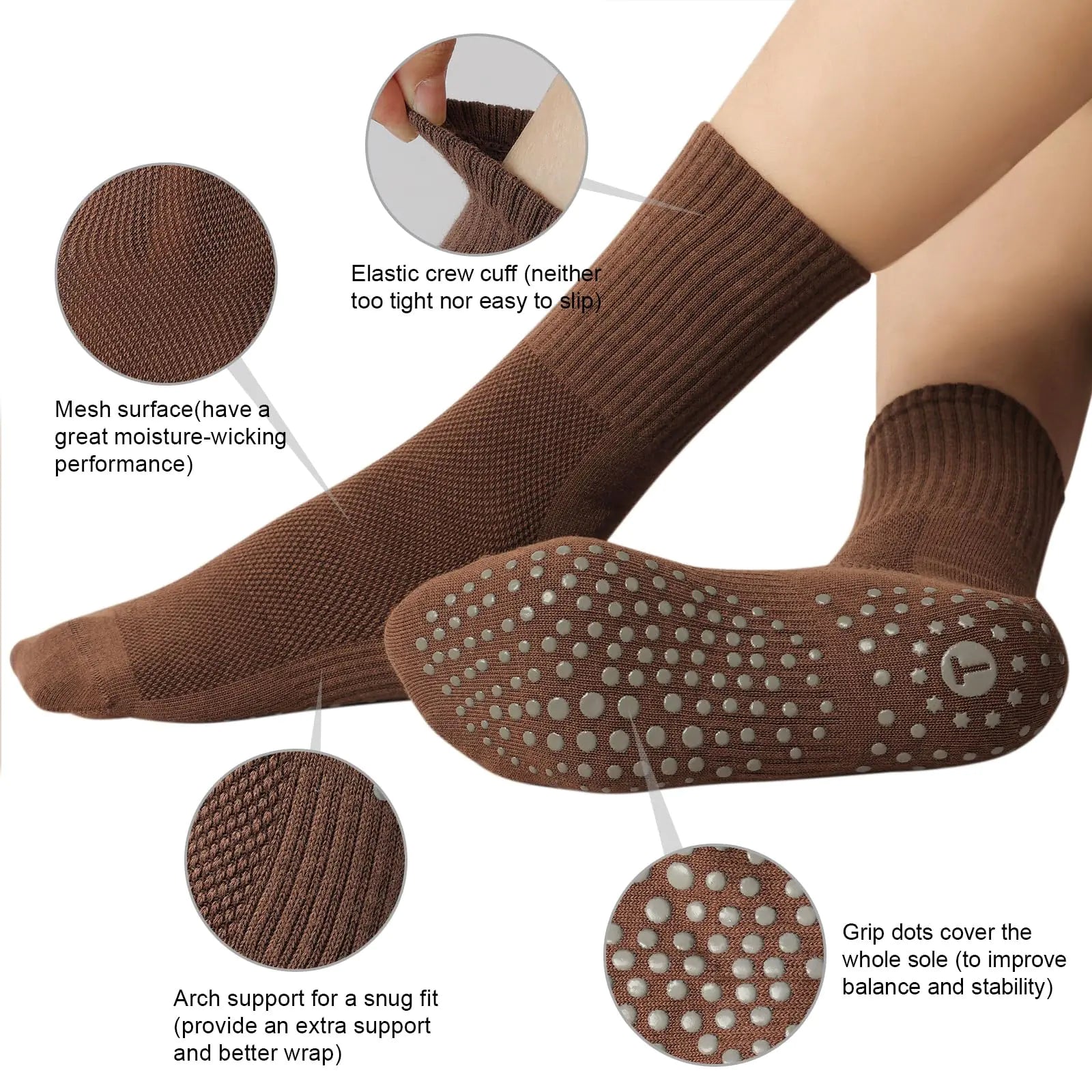 Toes Home Pilates Socks for Women with Non Slip Grippers, Yoga Crew Socks for Barre Hospital Sticky Slipper Socks 4 Pairs 6-10 Tan by Anti Spier