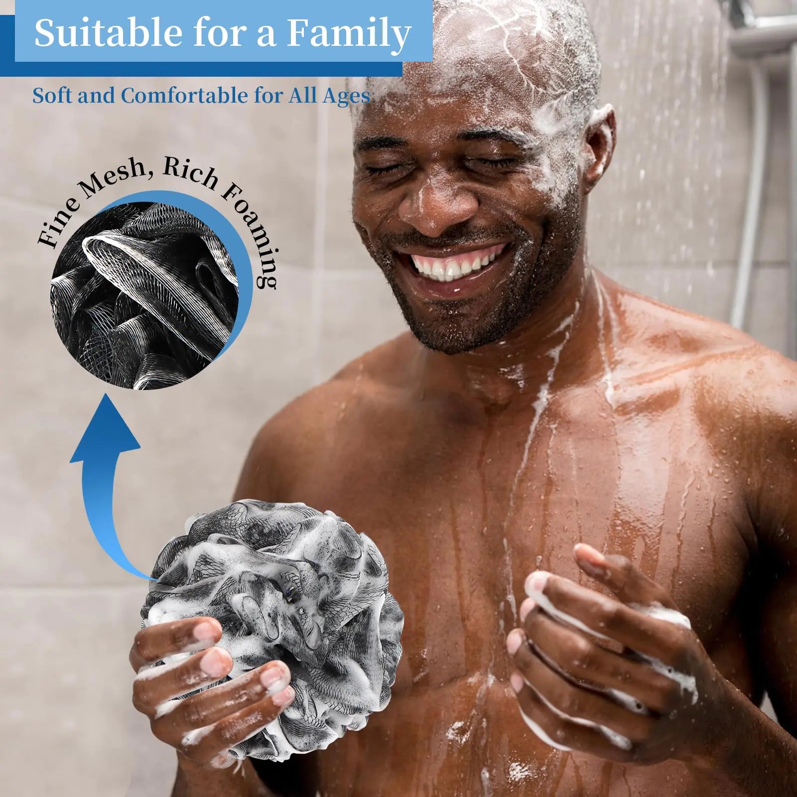 Bath Loofah Shower Sponge Body Back Scrubber Soft Mesh Shower Puffs Exfoliating Loofa for Women & Men Bath Accessories Cleaning Tool (4Pack 60G Black, Charcoal Black) 1 Count (Pack of 4) by Anti Spier