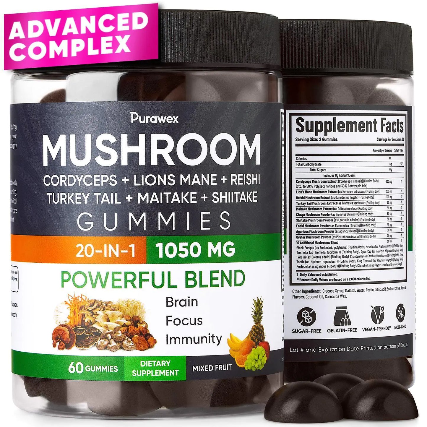 Purawex Mushroom Gummies, 20 in 1 Mushroom Complex 1050 MG, Cordyceps, Reishi, by Anti Spier