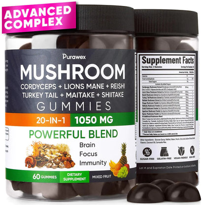 Purawex Mushroom Gummies, 20 in 1 Mushroom Complex 1050 MG, Cordyceps, Reishi, by Anti Spier