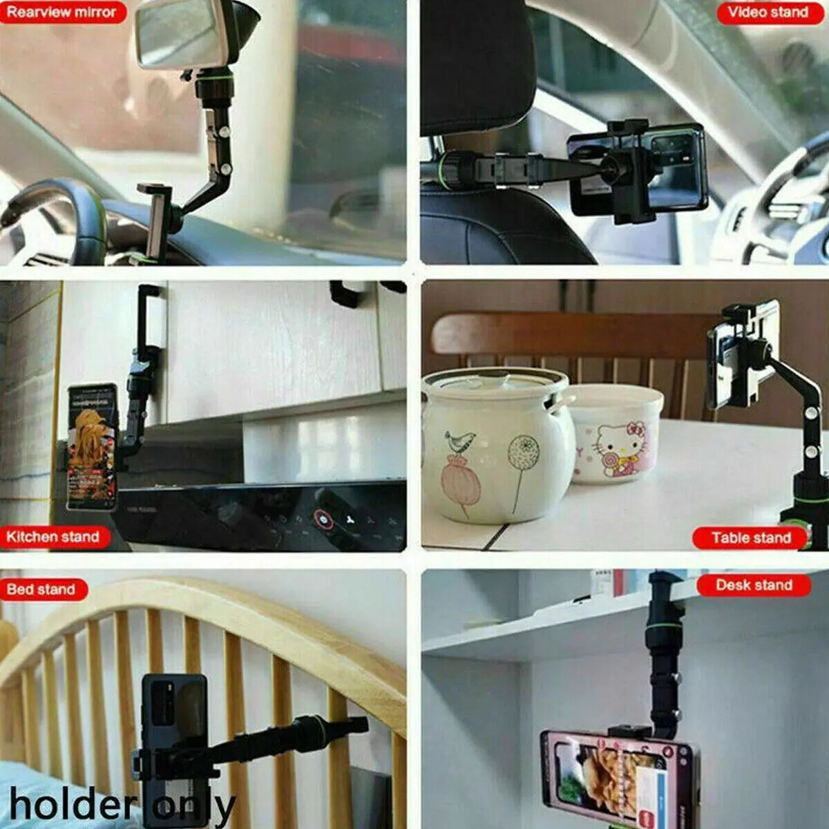 360° Car Rearview Mirror Rotation Adjustable Phone Holder Mount Multifunction by Anti Spier