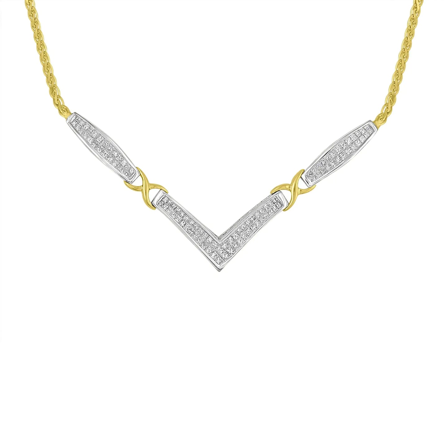 14K Yellow and White Gold 2.0 Cttw Princess Cut Diamond Flared and X-Station V Shaped 18” Franco Chain Statement Necklace (H-I Color, SI2-I1 Clarity) by Anti Spier
