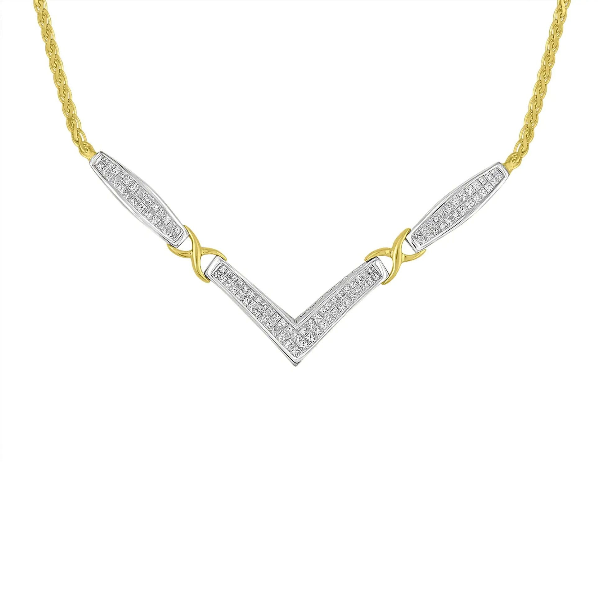 14K Yellow and White Gold 2.0 Cttw Princess Cut Diamond Flared and X-Station V Shaped 18” Franco Chain Statement Necklace (H-I Color, SI2-I1 Clarity) by Anti Spier