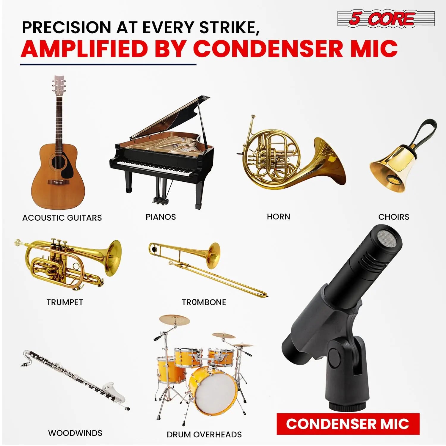 5Core Dynamic Instrument Microphone Professional XLR Cardioid Pencil Stick Condenser Mic by Anti Spier