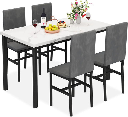 Dining Table Set for 4, 5-Piece Marble DiningTableSet with 4 Velvet Metal Frame Chairs for Kitchen, Bar, Living Room by Anti Spier