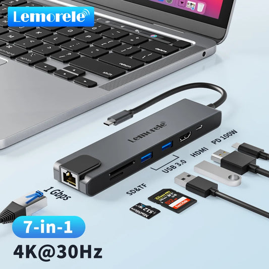 Lemorele 5in1 USB Type c Hub HDMI RJ45 Lan Adapter USB c Hub HDMI PD 100w TF/SD Card Slot Multiport Adapter For MacbookPro by Anti Spier