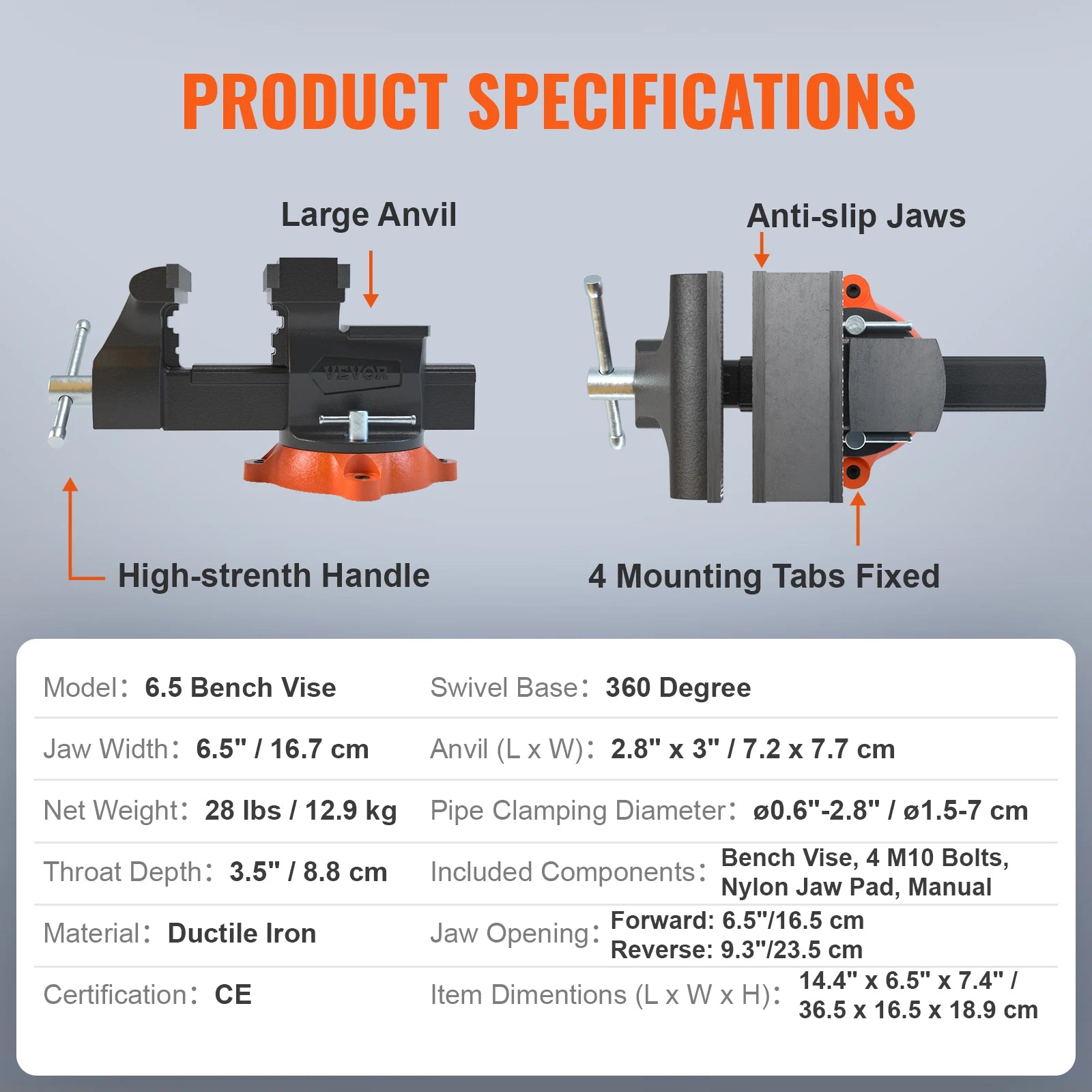 VEVOR Bench Vise 4.5" 6" 6.5" Multipurpose with Swivel Base & Anvil Heavy Duty Cast Iron for Drilling, Conduit Cutting, Sanding by Anti Spier