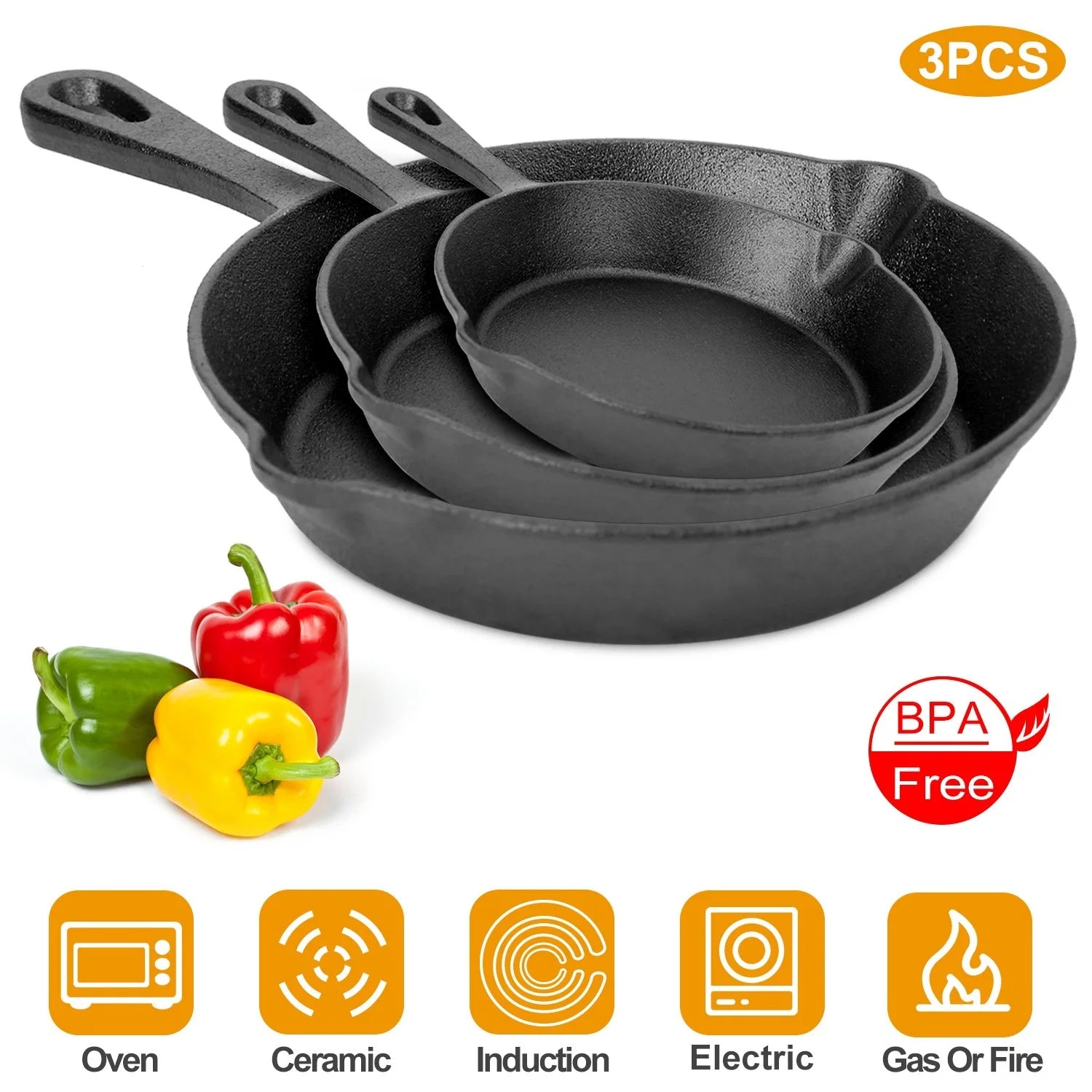 3Pcs Pre-Seasoned Cast Iron Skillet Set 6/8/10in Non-Stick Oven Safe Cookware Heat-Resistant Frying Pan by Anti Spier