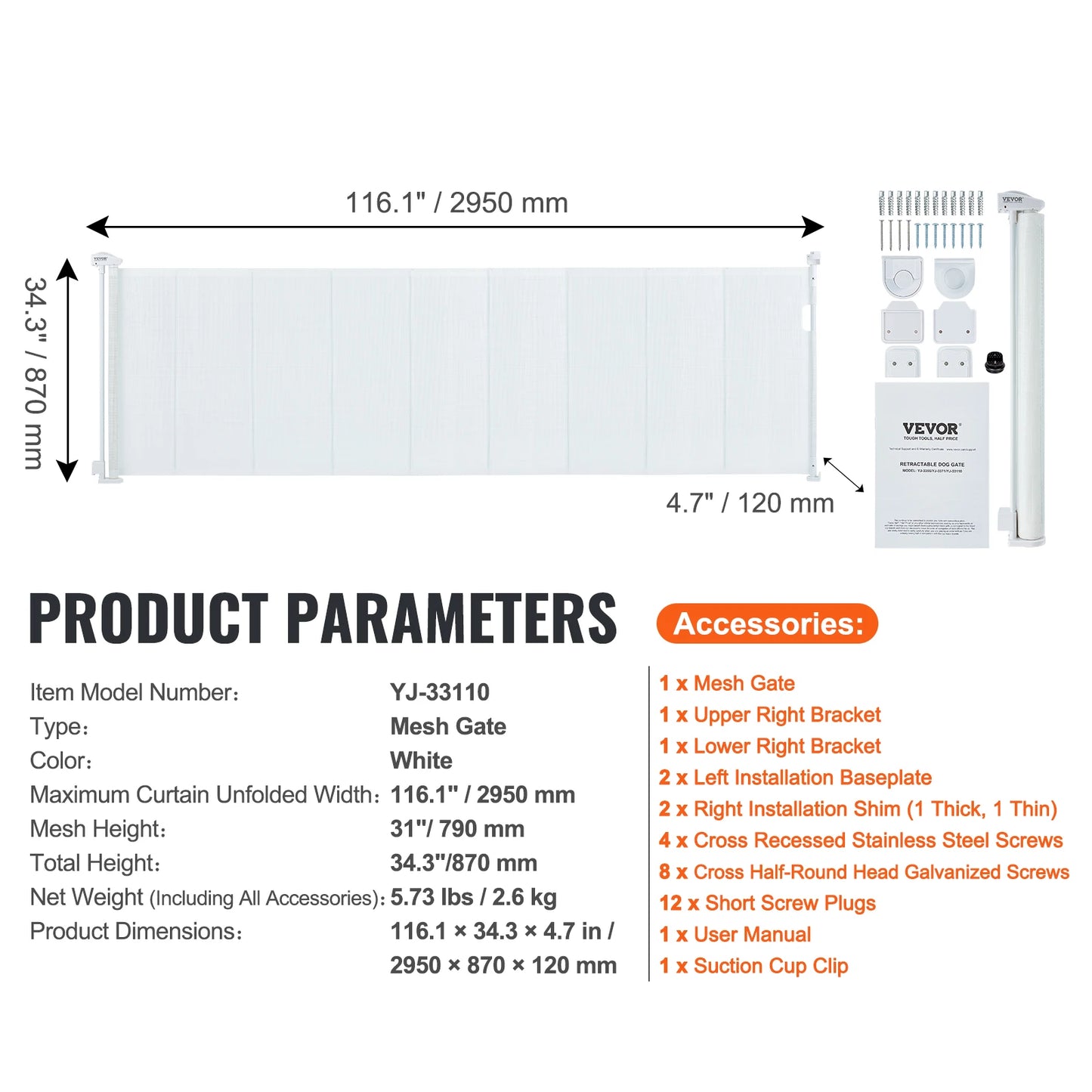 VEVOR Retractable Baby Gate Tall Mesh Baby Gate Extends up to Wide Retractable Gate for Kids or Pets Retractable Dog Gates by Anti Spier