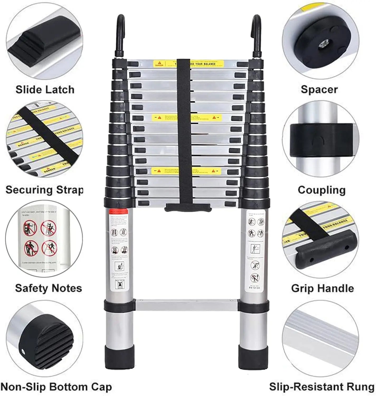 DayPlus 5M Telescopic Ladder with hooks,16.5FT Multi-Purpose Folding Aluminium Foldable Ladder Extension Loft Ladder,330lb EN131 by Anti Spier