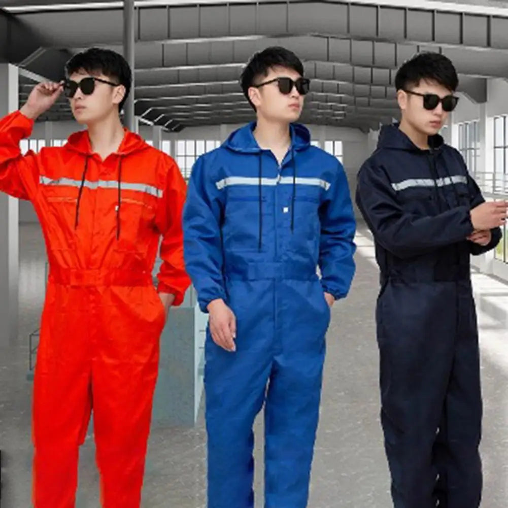 Work Overalls Hooded Drawstring Reflective Zipper Pockets Loose Safety Worker Coveralls Mechcanic Jumpsuit Auto Working Uniform by Anti Spier