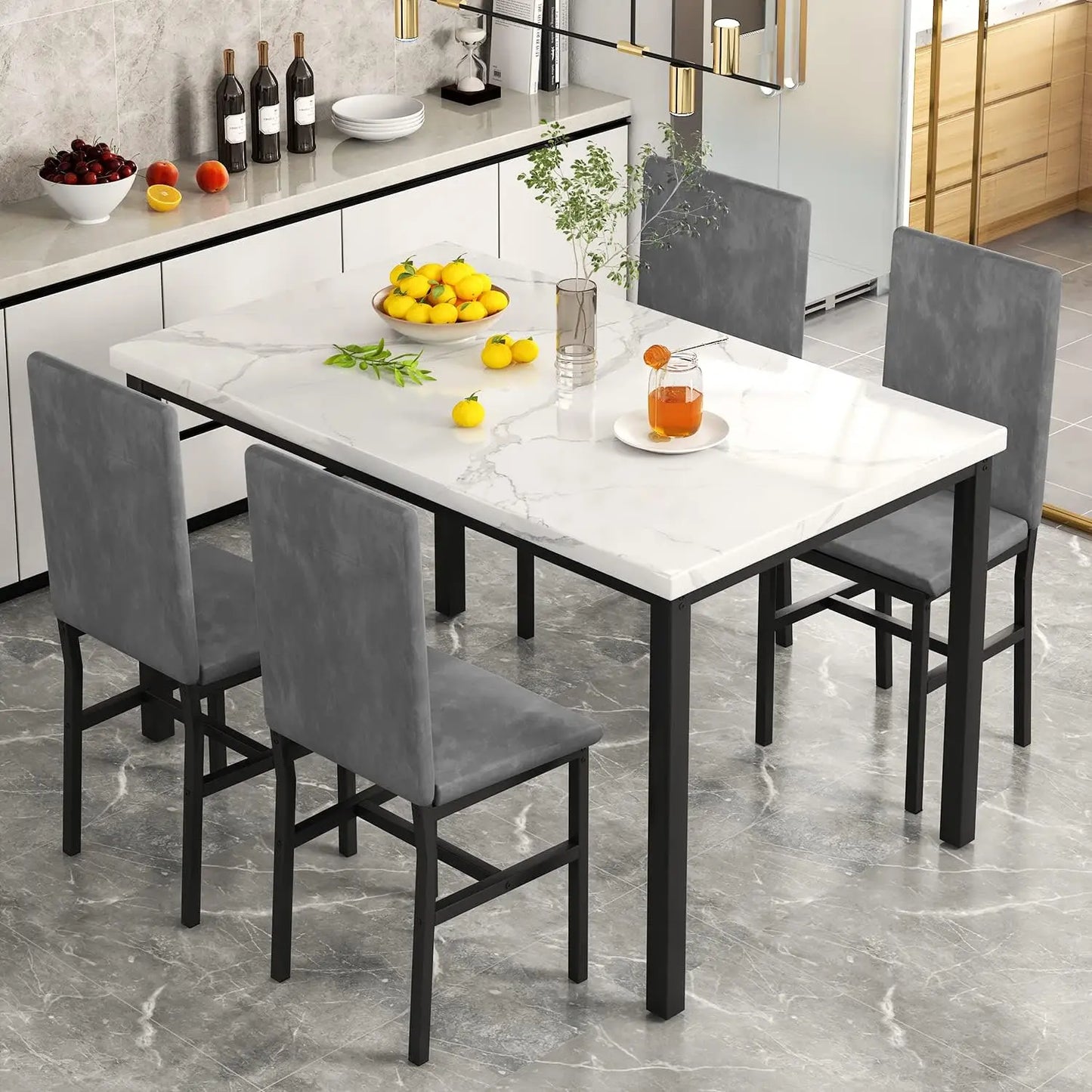 Dining Table Set for 4, 5-Piece Marble DiningTableSet with 4 Velvet Metal Frame Chairs for Kitchen, Bar, Living Room by Anti Spier