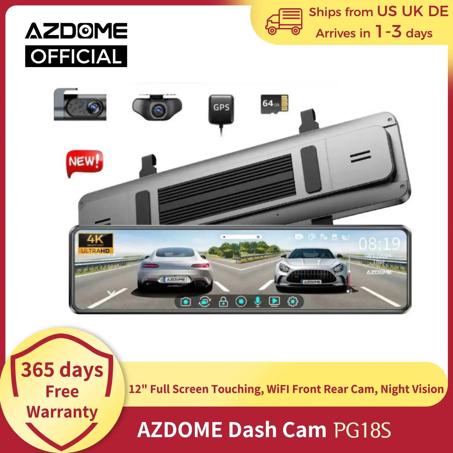 2024 New AZDOME Dash Cam PG18S 12" Full Screen Touching Stream Mirror WiFI Front Rear Cam Car DVR FHD Video Recorder Night Visio by Anti Spier