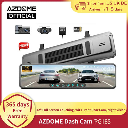 2024 New AZDOME Dash Cam PG18S 12" Full Screen Touching Stream Mirror WiFI Front Rear Cam Car DVR FHD Video Recorder Night Visio by Anti Spier