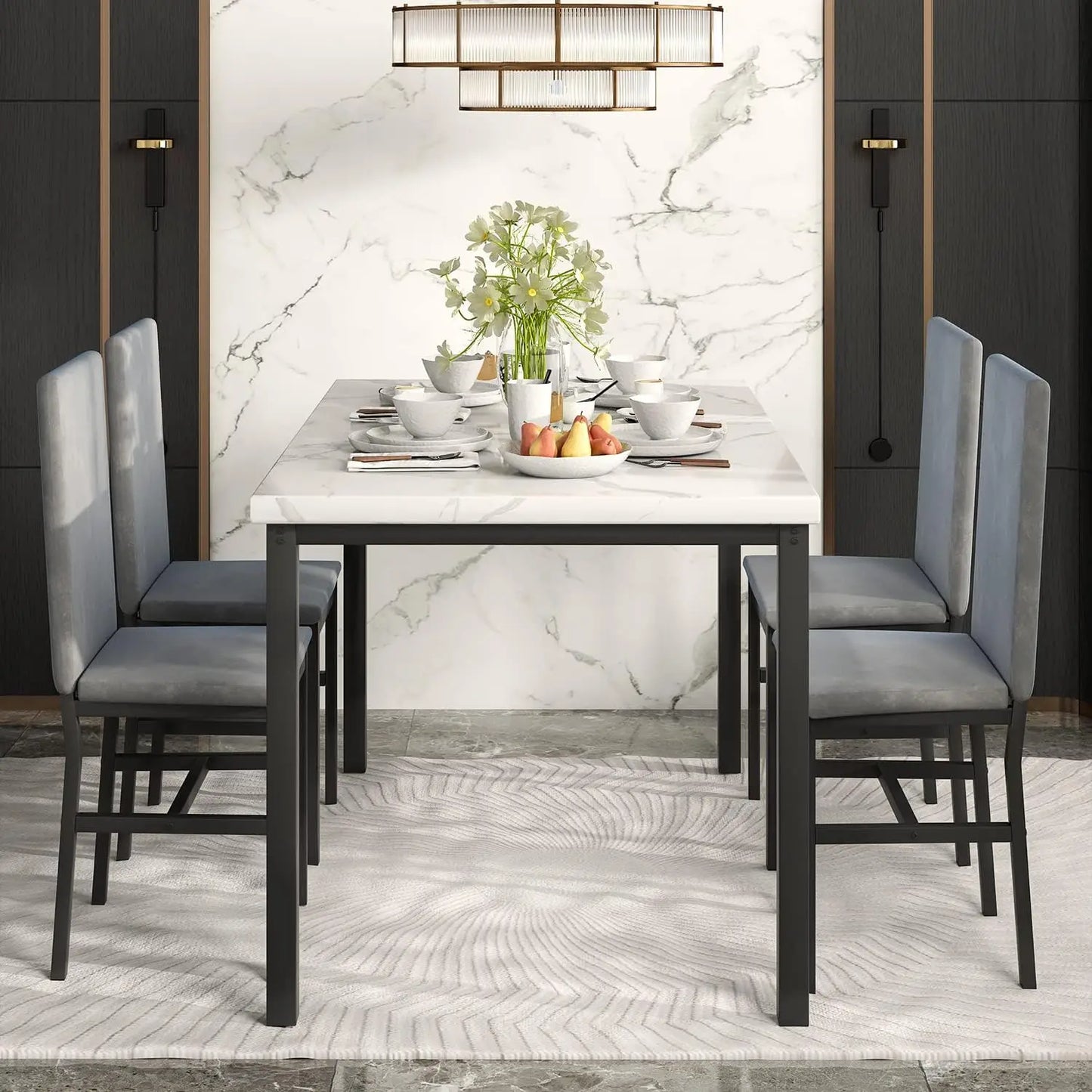 Dining Table Set for 4, 5-Piece Marble DiningTableSet with 4 Velvet Metal Frame Chairs for Kitchen, Bar, Living Room by Anti Spier