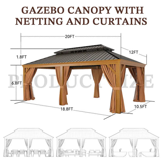 20Ft. W x 12Ft. D Outdoor Cedar Framed Gazebo with Steel Hardtop Permanent Wooden Finished Pavilion by Anti Spier