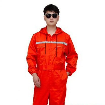 Work Overalls Hooded Drawstring Reflective Zipper Pockets Loose Safety Worker Coveralls Mechcanic Jumpsuit Auto Working Uniform by Anti Spier