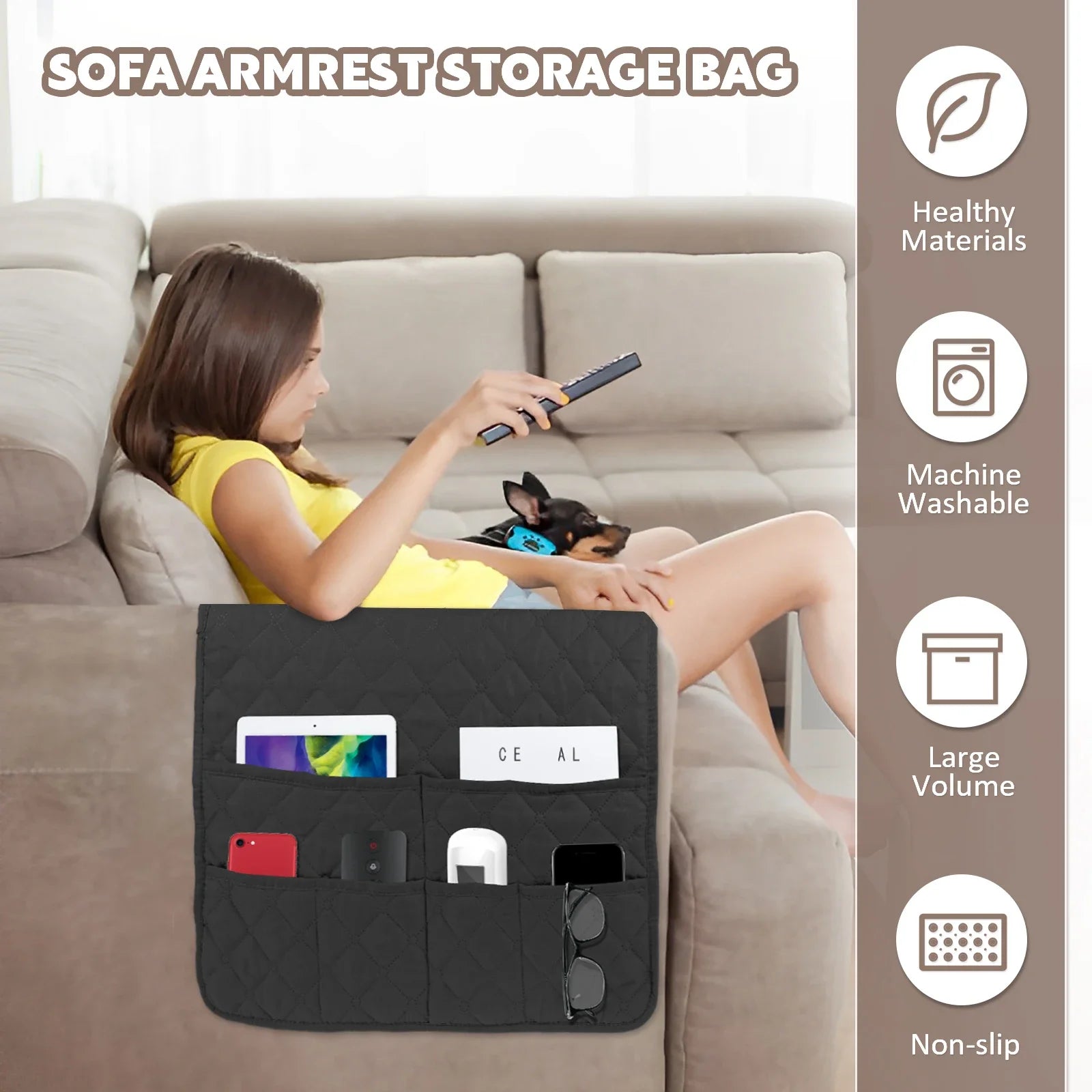 Sofa Armrest Storage Bag with 6 Pockets Waterproof Remote Organizer Reusable Sofa Storage Caddy Washable Armchair Organizer by Anti Spier
