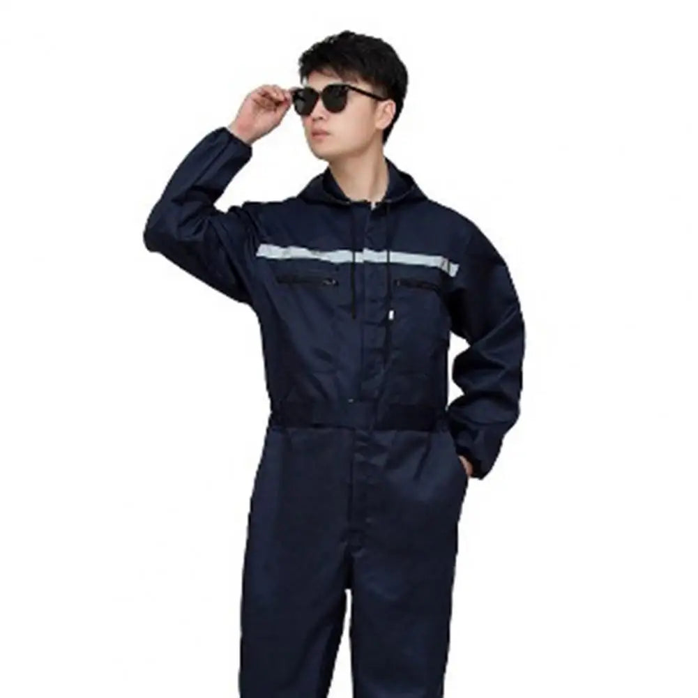 Work Overalls Hooded Drawstring Reflective Zipper Pockets Loose Safety Worker Coveralls Mechcanic Jumpsuit Auto Working Uniform by Anti Spier