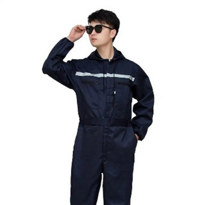 Work Overalls Hooded Drawstring Reflective Zipper Pockets Loose Safety Worker Coveralls Mechcanic Jumpsuit Auto Working Uniform by Anti Spier