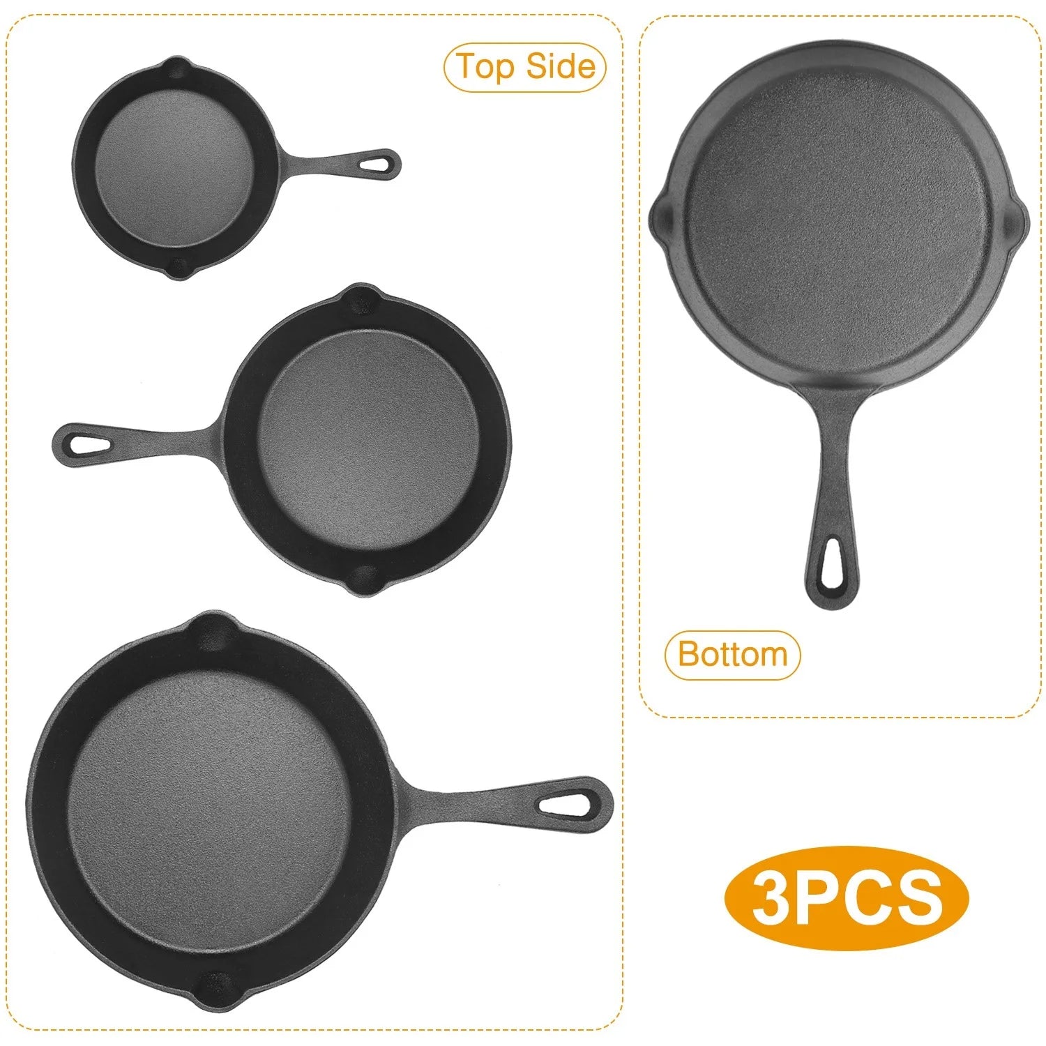 3Pcs Pre-Seasoned Cast Iron Skillet Set 6/8/10in Non-Stick Oven Safe Cookware Heat-Resistant Frying Pan by Anti Spier