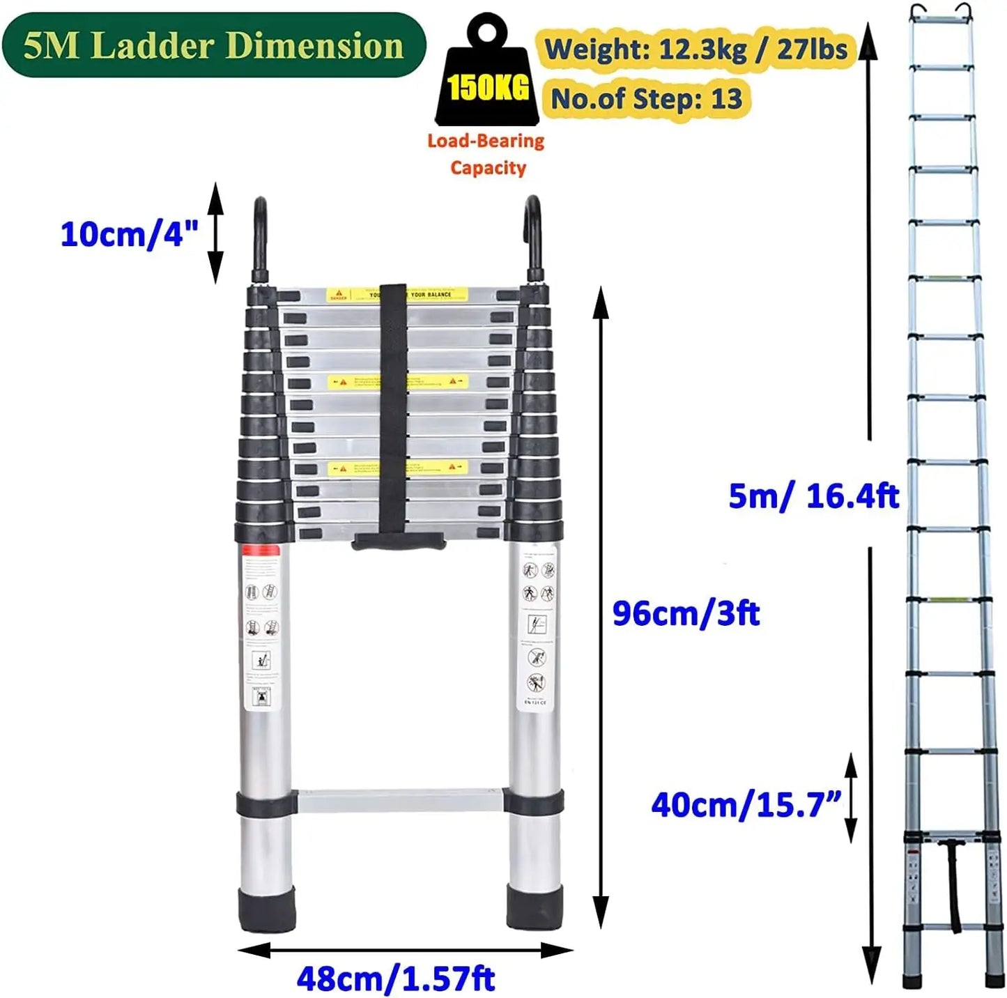 DayPlus 5M Telescopic Ladder with hooks,16.5FT Multi-Purpose Folding Aluminium Foldable Ladder Extension Loft Ladder,330lb EN131 by Anti Spier