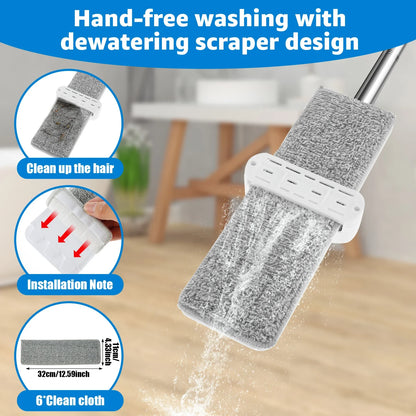 Microfiber Flat Mop 360 ° Rotating Flat Floor Mop Self Wringing Dust Mop with Dewatering Scraper for Kitchen Home Cleaning Mop by Anti Spier