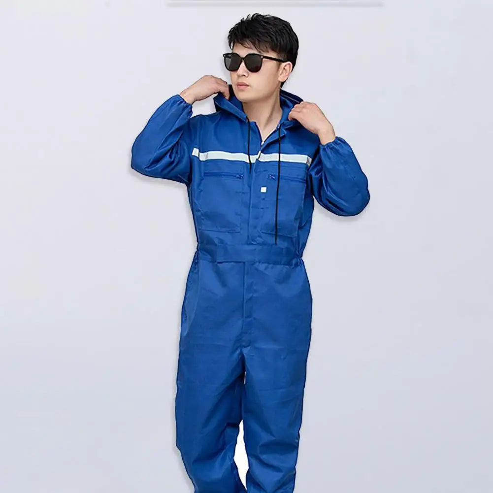 Work Overalls Hooded Drawstring Reflective Zipper Pockets Loose Safety Worker Coveralls Mechcanic Jumpsuit Auto Working Uniform by Anti Spier