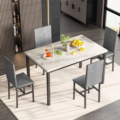 Dining Table Set for 4, 5-Piece Marble DiningTableSet with 4 Velvet Metal Frame Chairs for Kitchen, Bar, Living Room by Anti Spier